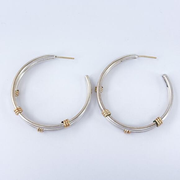 Vintage Sterling Silver 925 Double Shank Gold-Tone Wire Wrapped Hoop Earrings - Picture 2 of 9